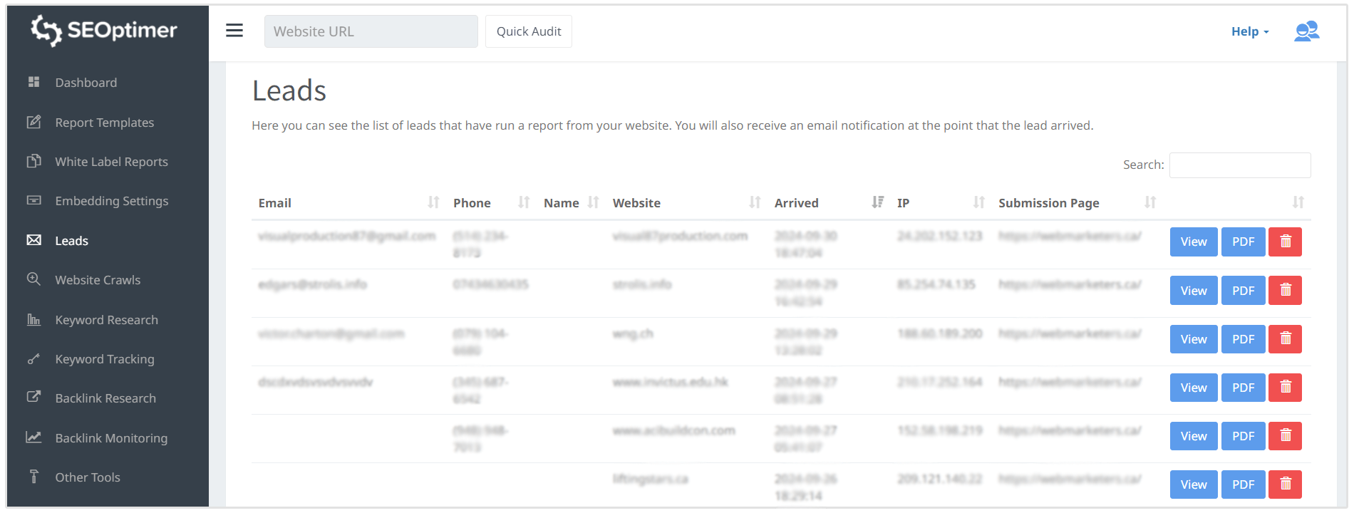 Leads i SEOptimer dashboard